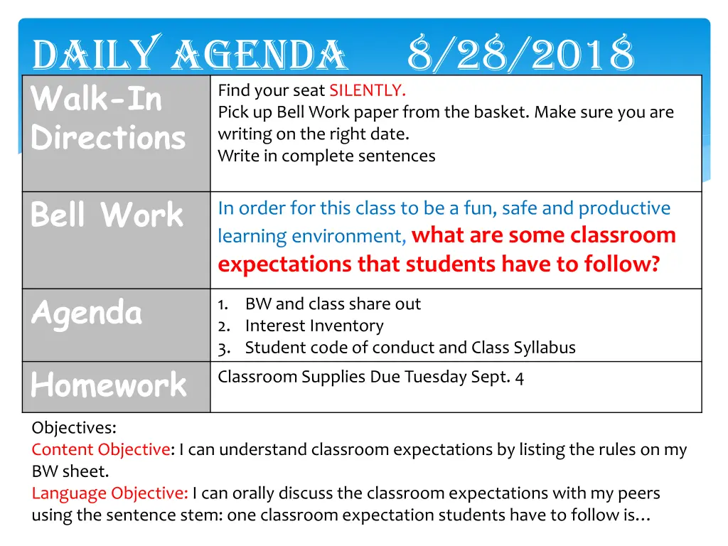 daily agenda 8 28 2018 walk in directions write