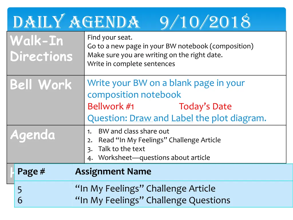 daily agenda 9 10 2018 walk in directions write