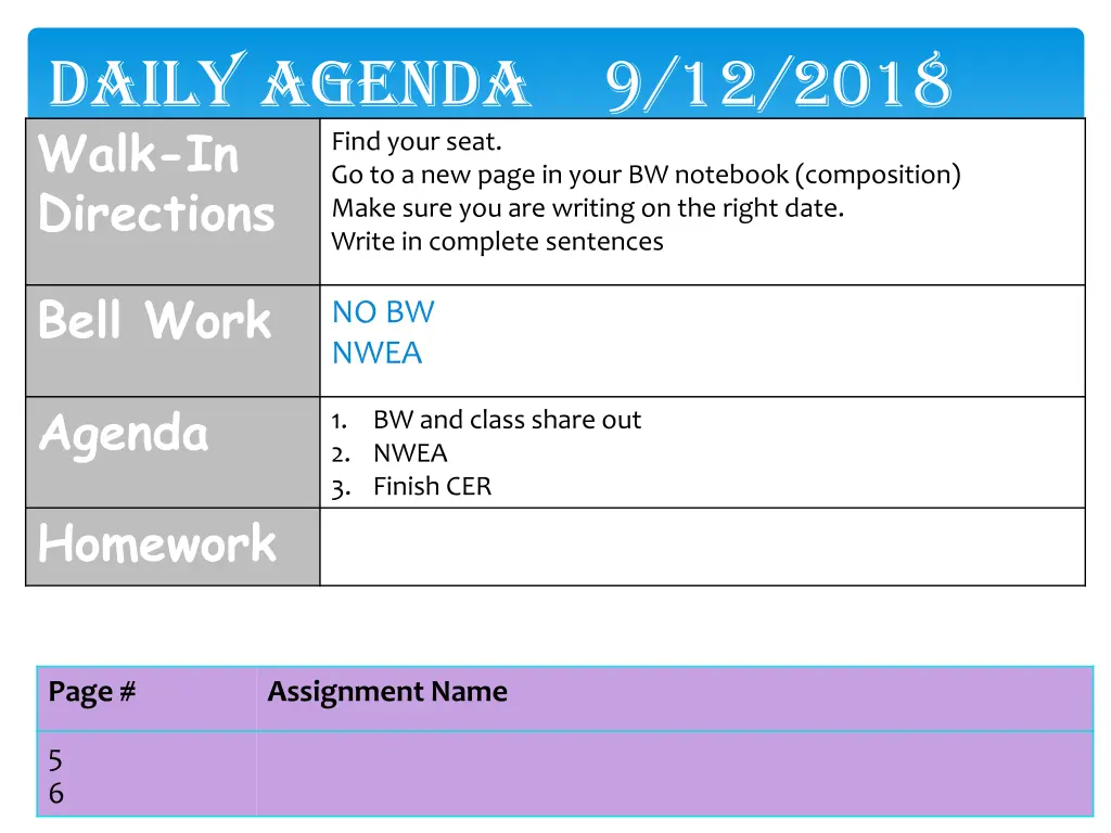 daily agenda 9 12 2018 walk in directions write