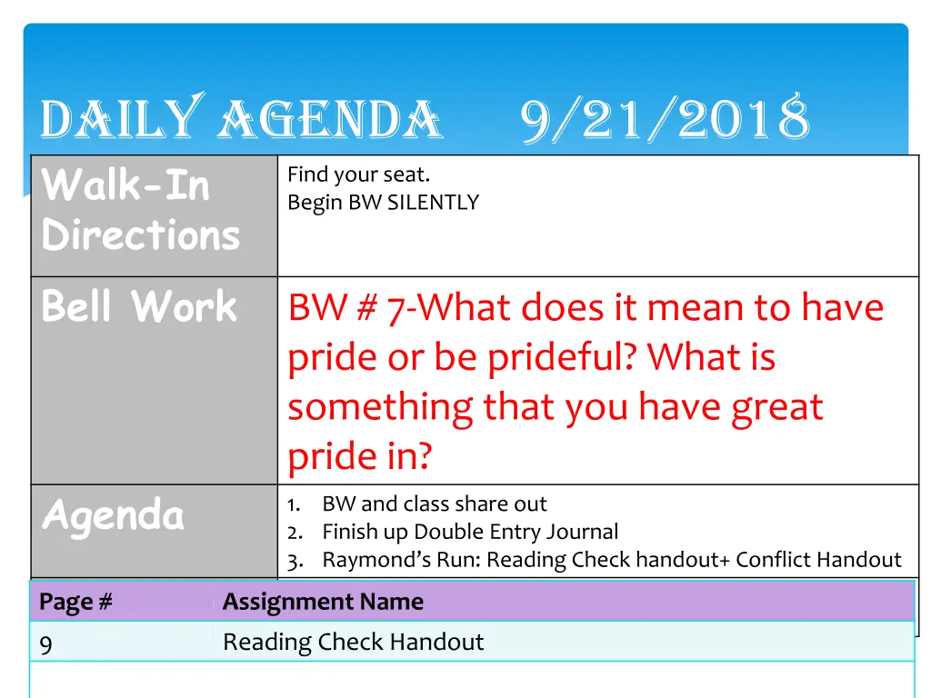 daily agenda 9 21 2018