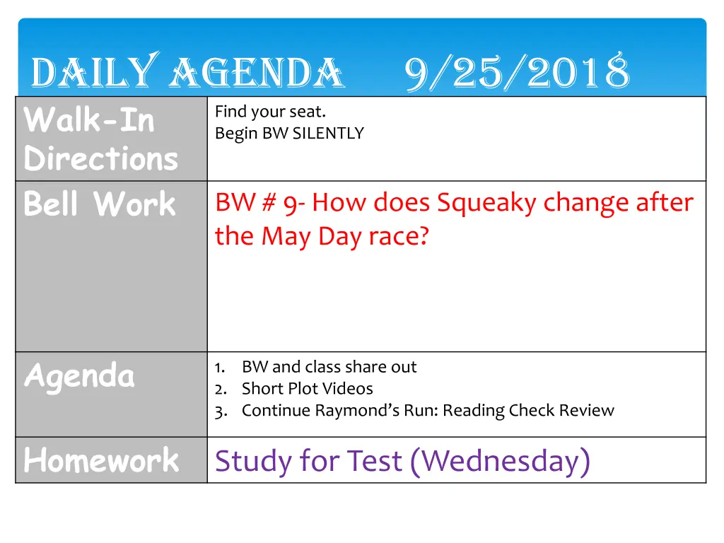 daily agenda 9 25 2018