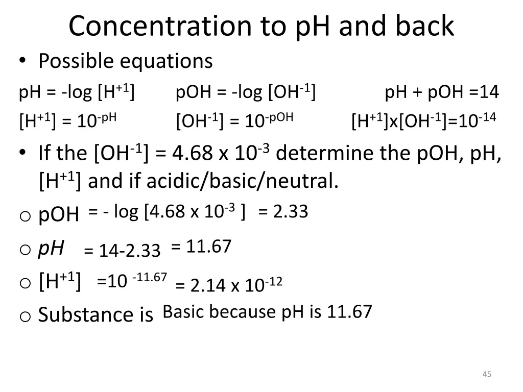 concentration to ph and back possible equations
