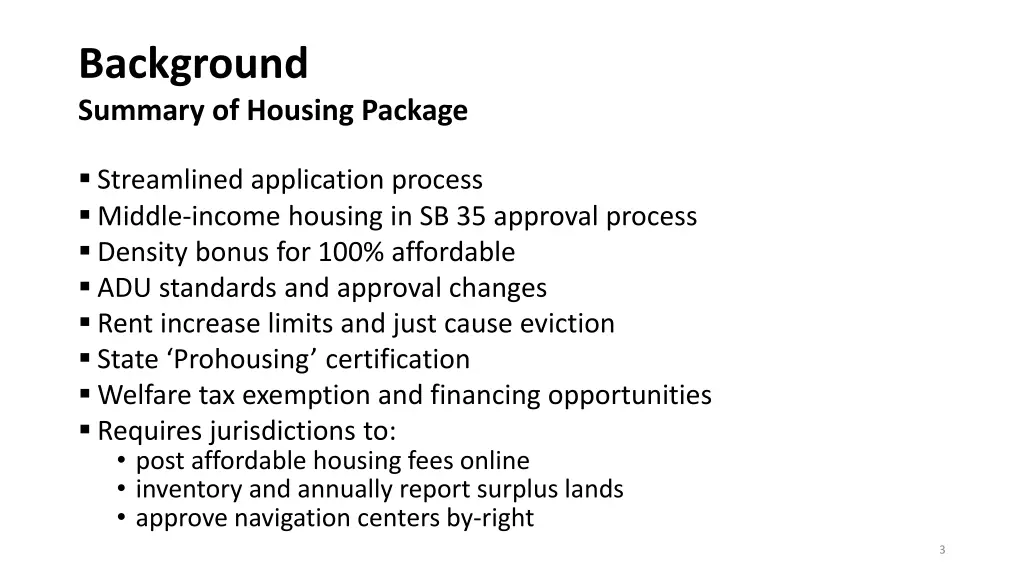 background summary of housing package