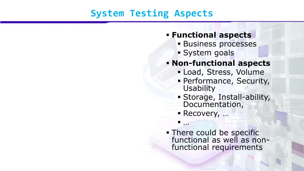 system testing aspects