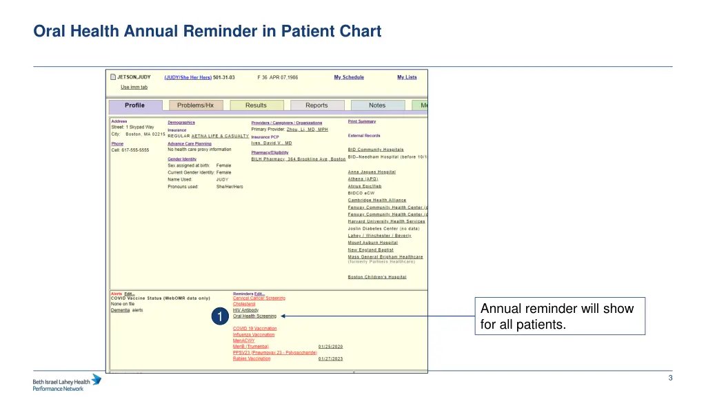 oral health annual reminder in patient chart