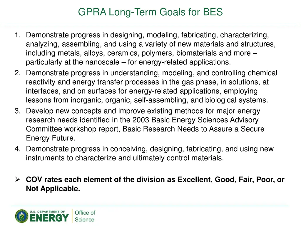gpra long term goals for bes