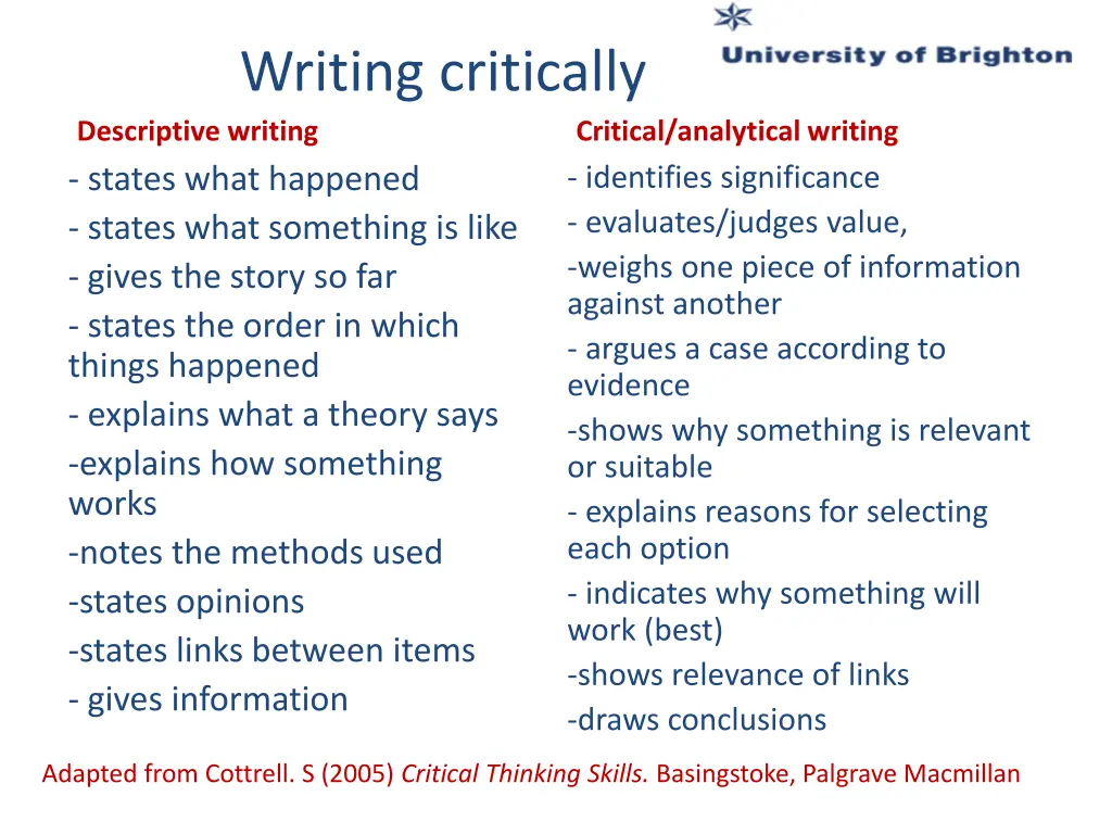 writing critically descriptive writing states