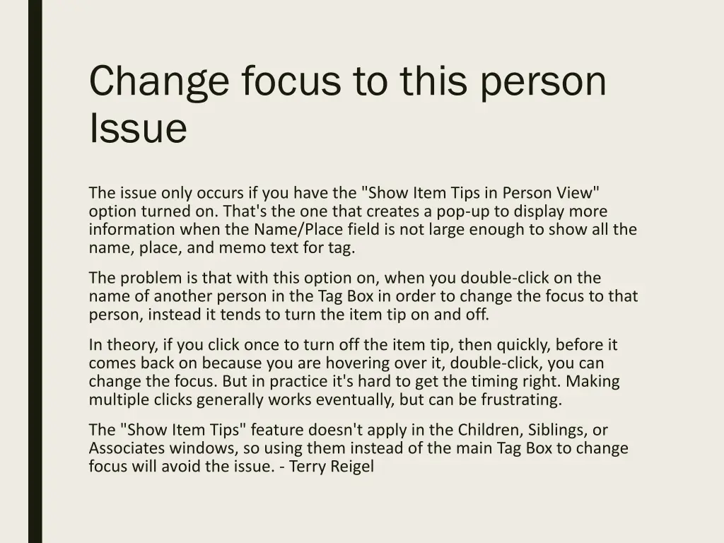 change focus to this person issue