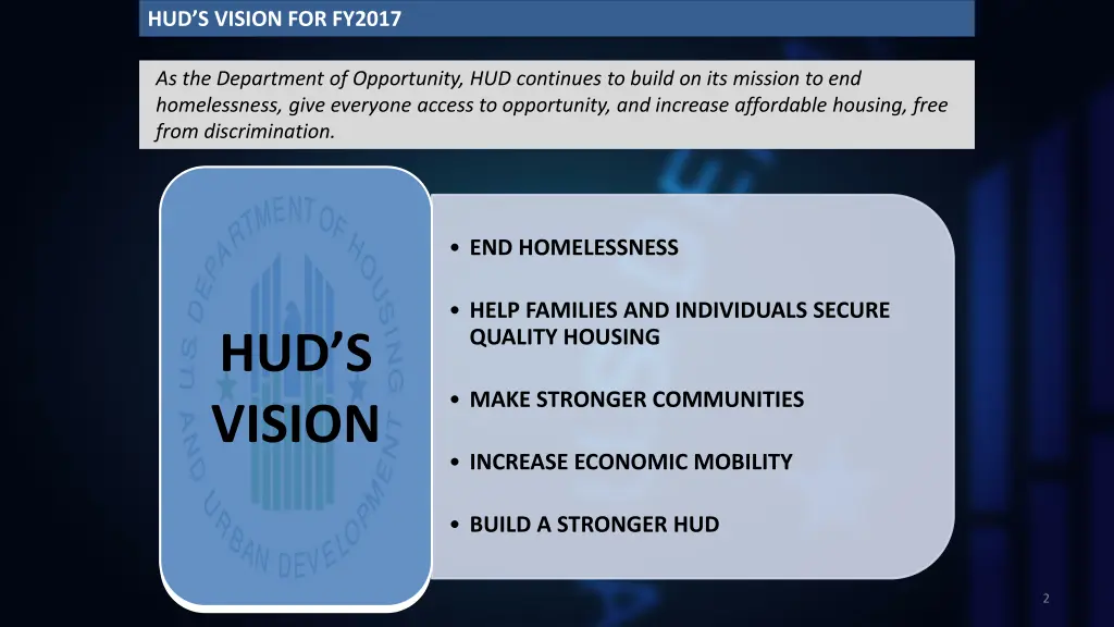 the budget principles hud s vision for fy2017