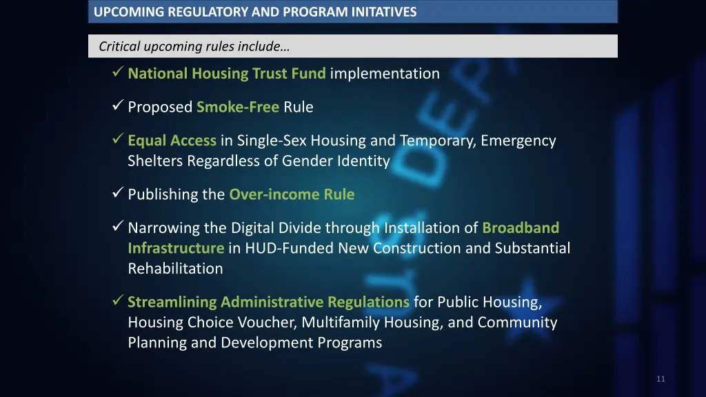 upcoming regulatory and program initatives