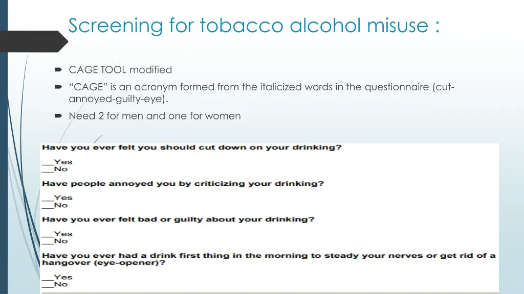 screening for tobacco alcohol misuse