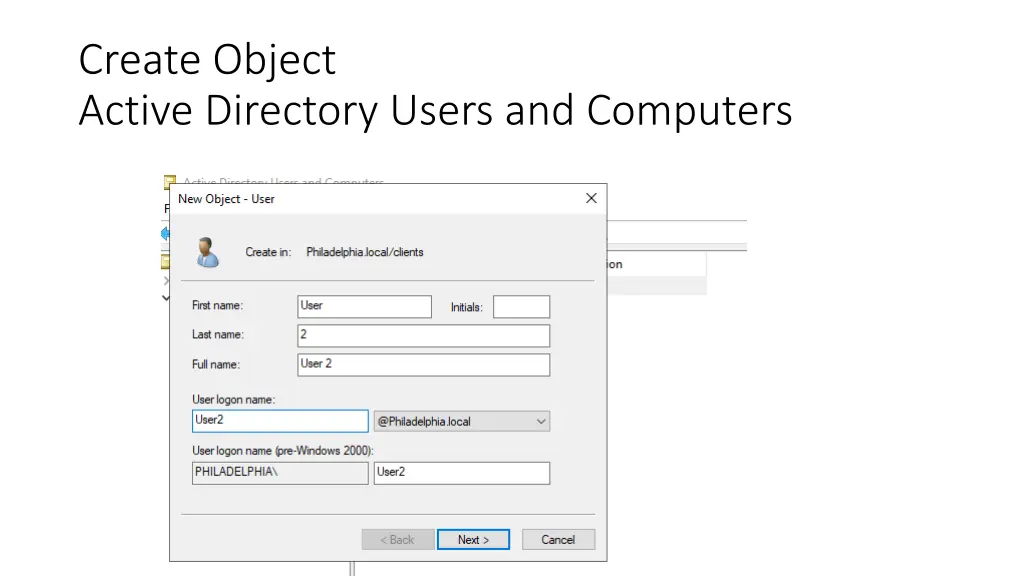 create object active directory users and computers