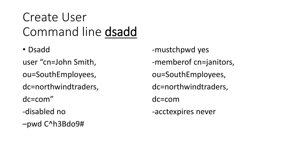 create user command line dsadd