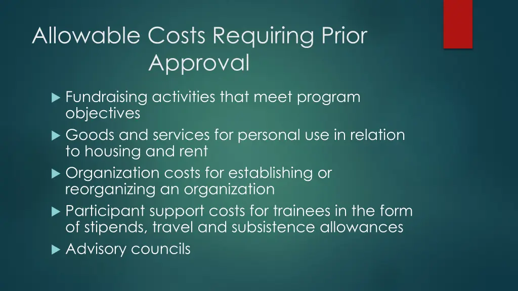 allowable costs requiring prior approval