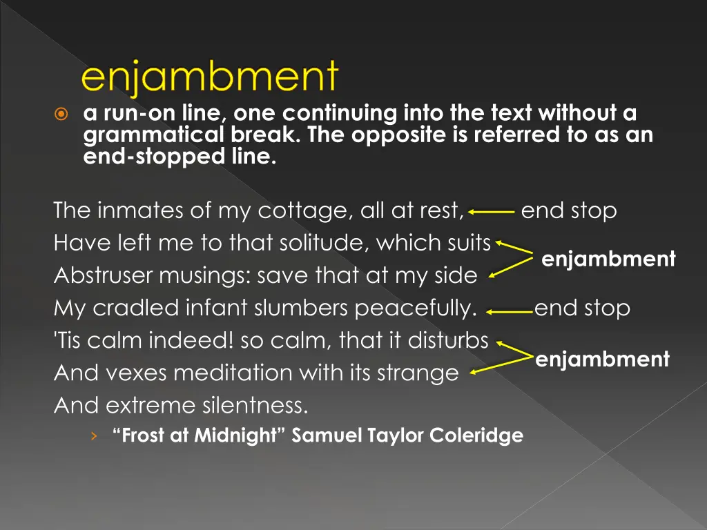 enjambment a run on line one continuing into