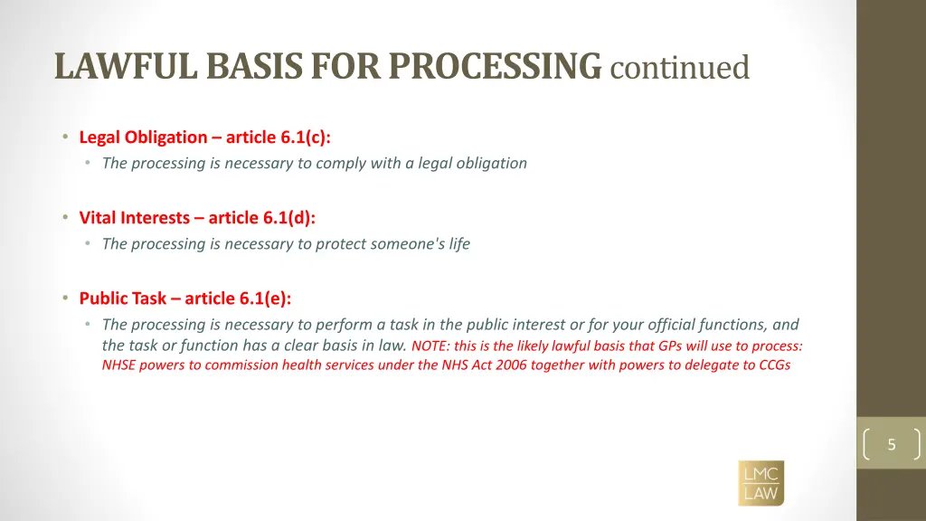 lawful basis for processing continued