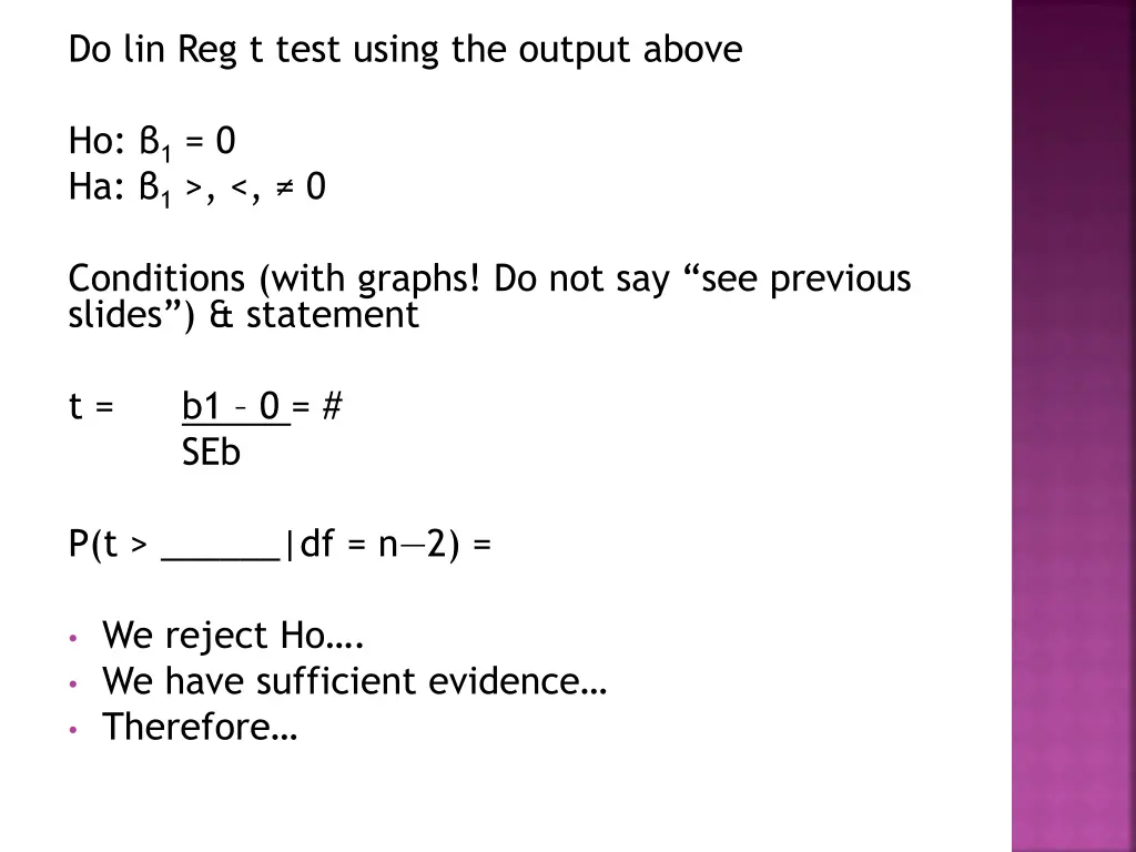do lin reg t test using the output above