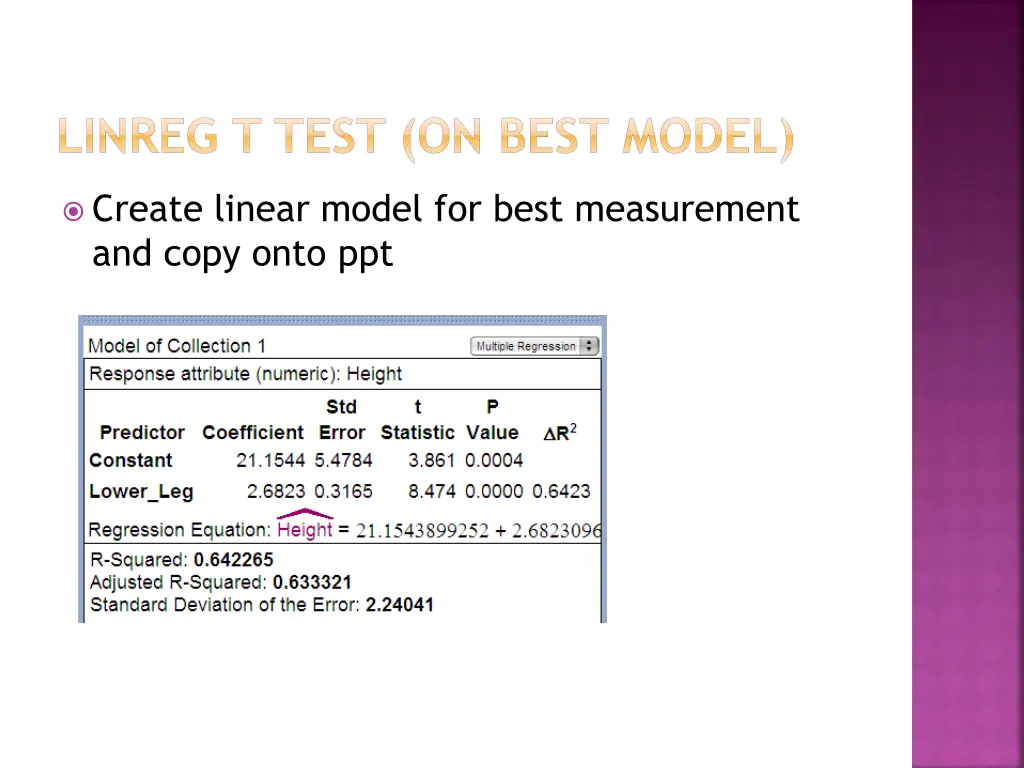 linreg t test on best model