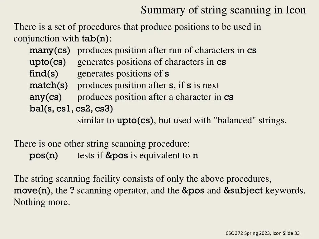 summary of string scanning in icon