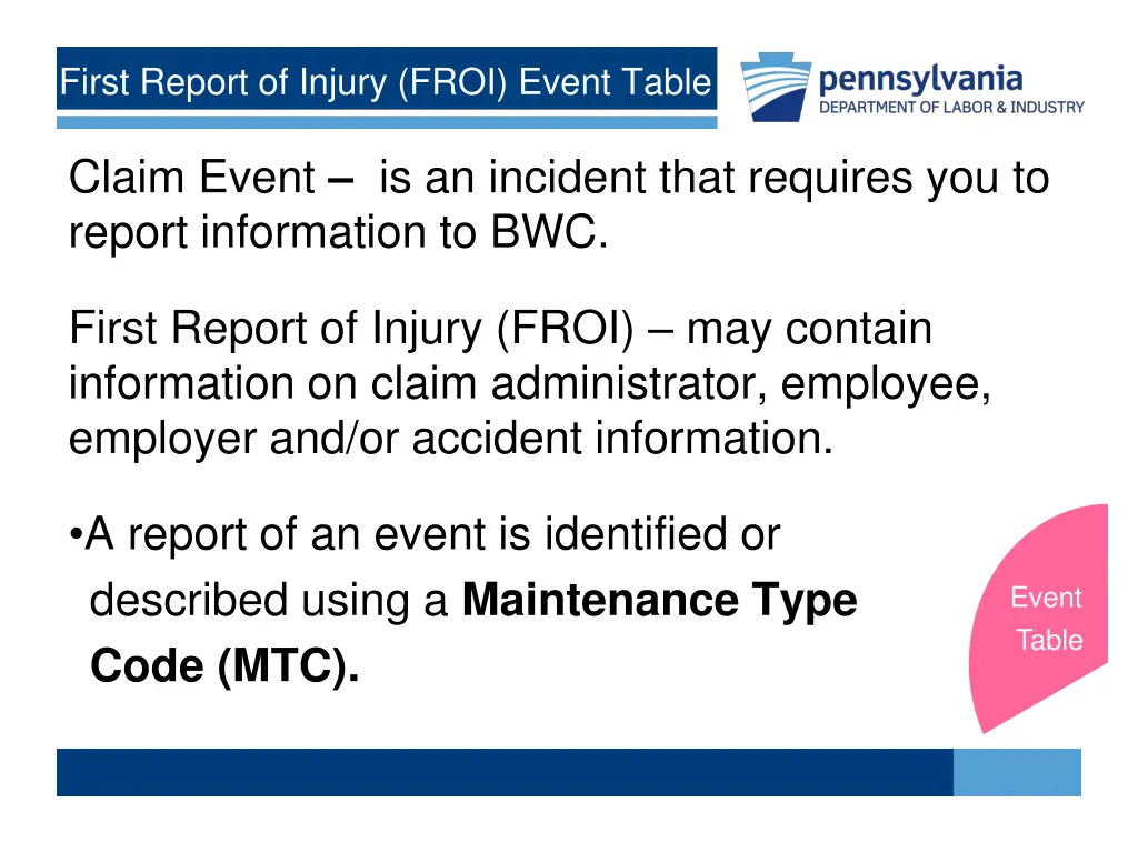 first report of injury froi event table