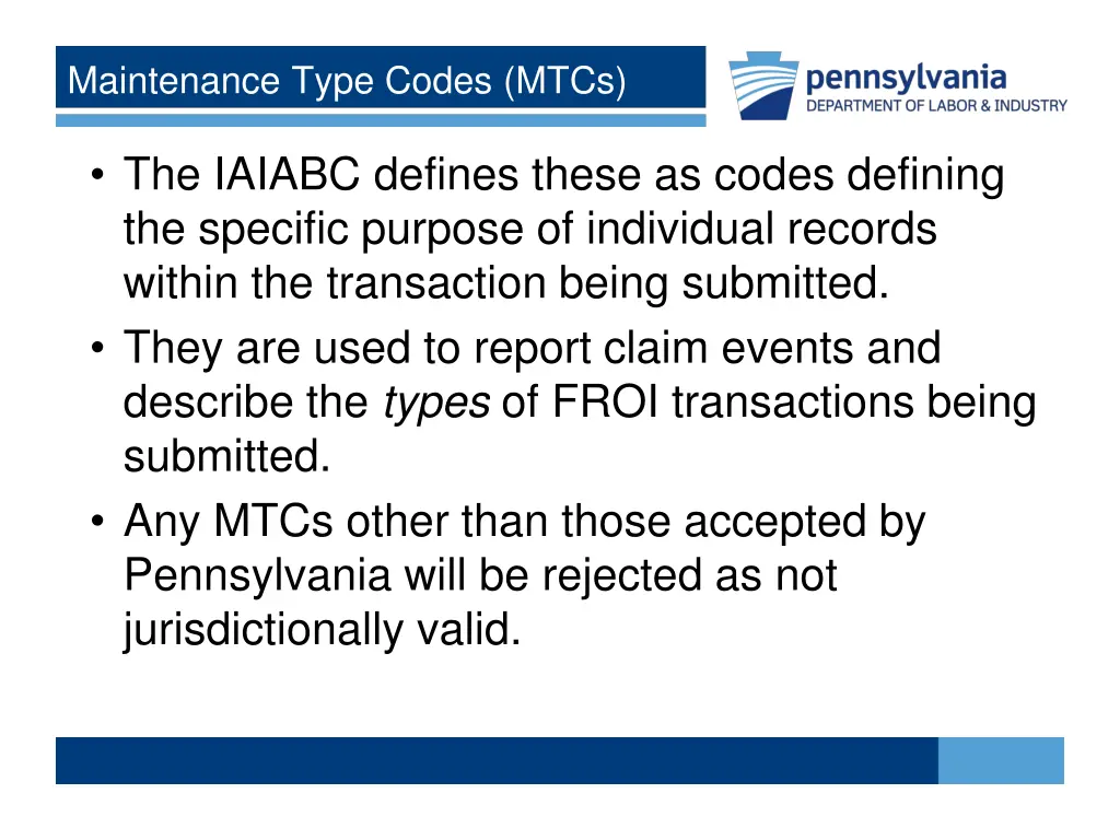 maintenance type codes mtcs