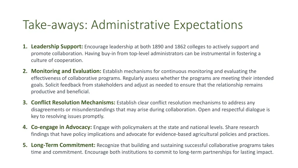 take aways administrative expectations