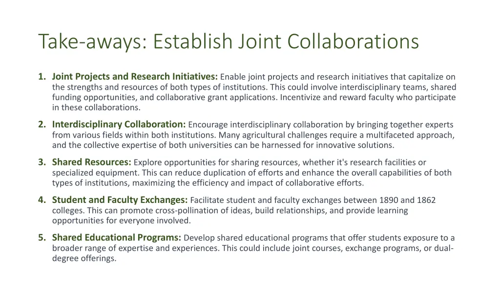 take aways establish joint collaborations