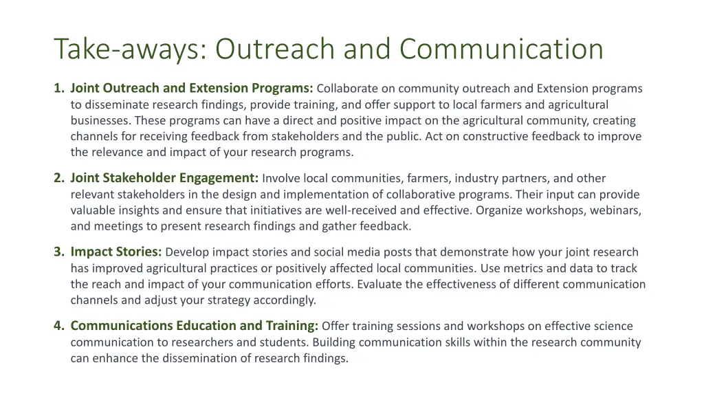 take aways outreach and communication