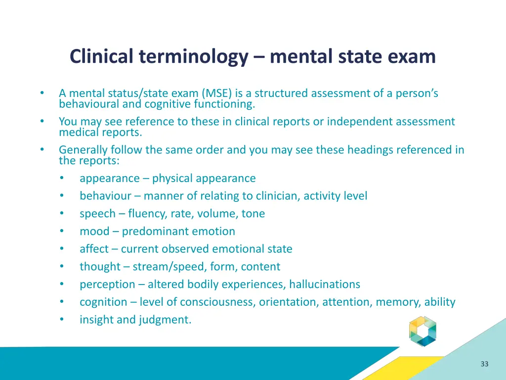 clinical terminology mental state exam