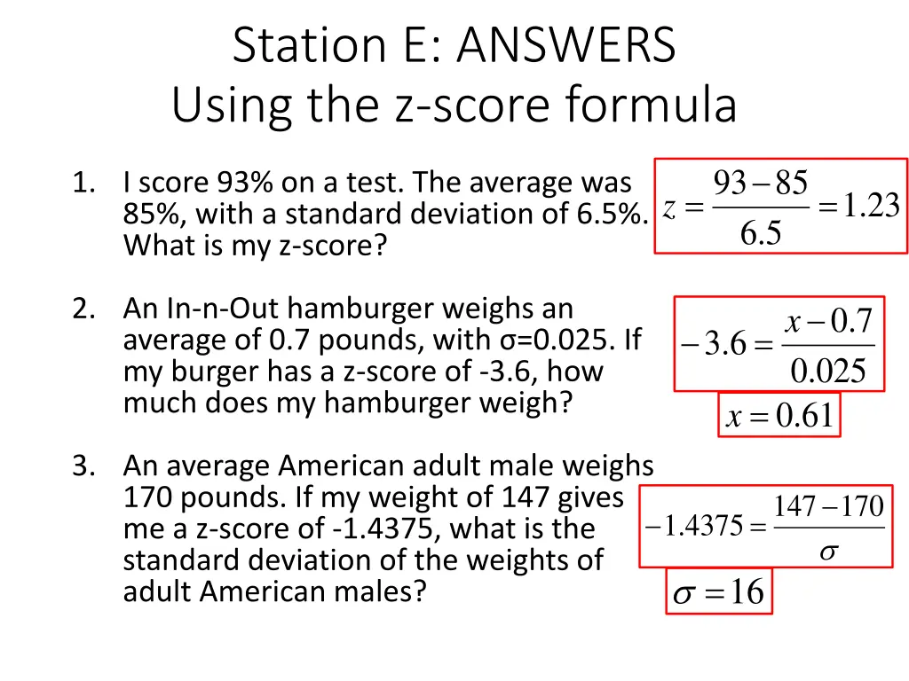 station e answers using the z score formula