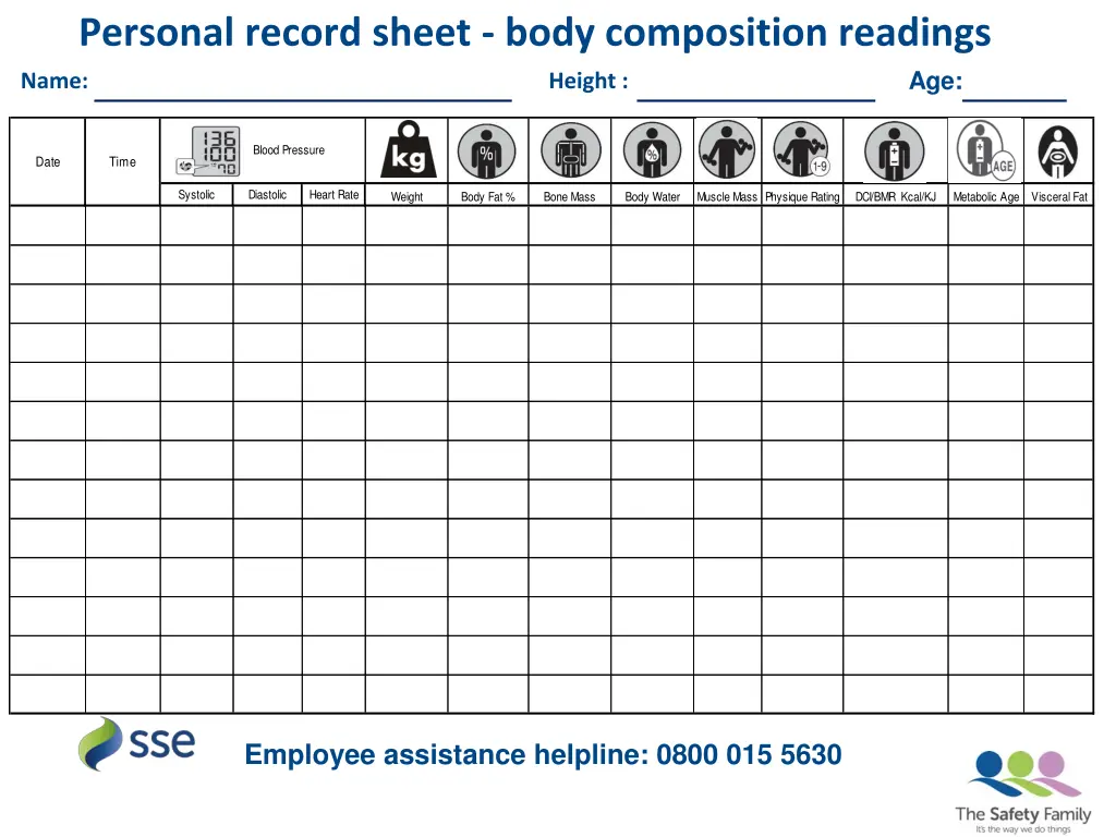 personal record sheet body composition readings