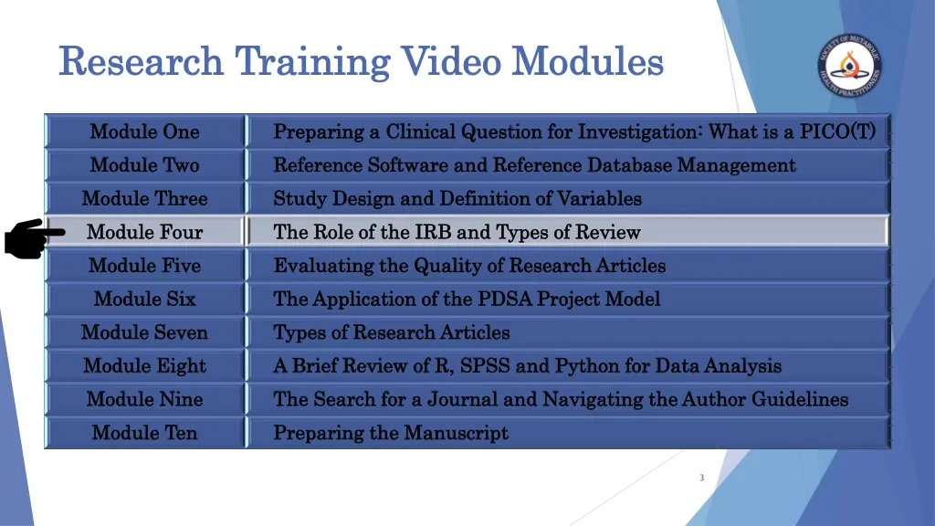 research training video modules research training