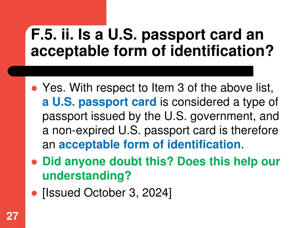 f 5 ii is a u s passport card an acceptable form