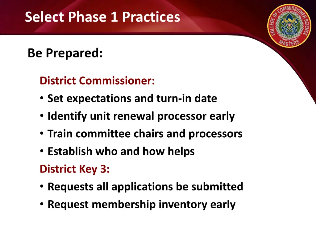 select phase 1 practices