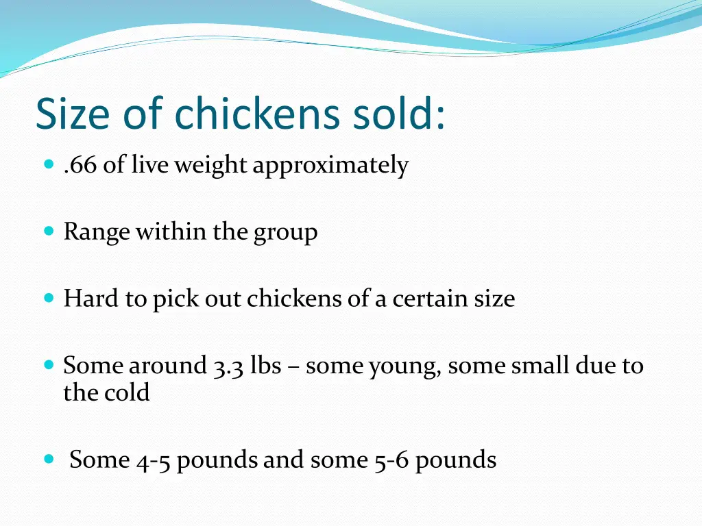 size of chickens sold 66 of live weight