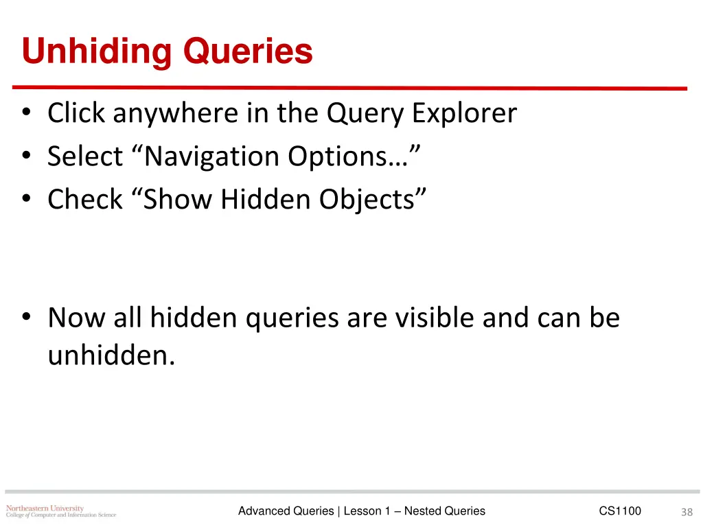 unhiding queries