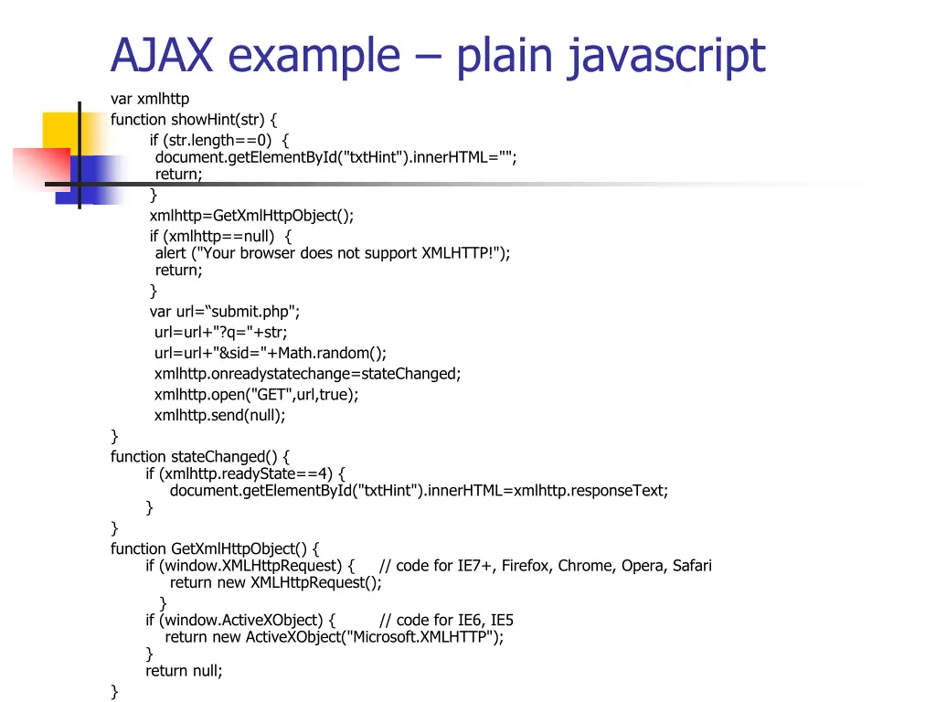 ajax example plain javascript var xmlhttp