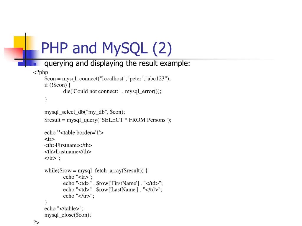 php and mysql 2 querying and displaying