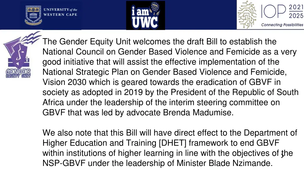 the gender equity unit welcomes the draft bill