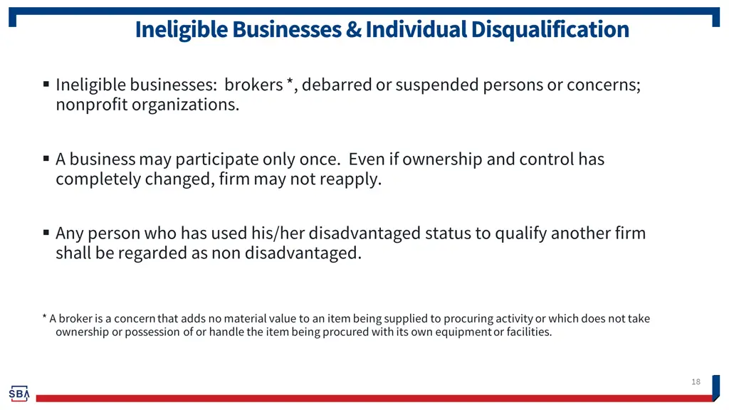 ineligible businesses individual disqualification