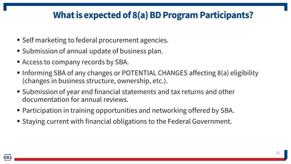 what is expected of 8 a bd program participants