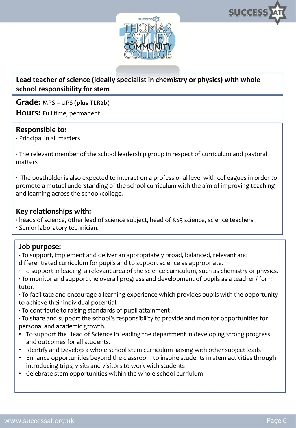 lead teacher of science ideally specialist