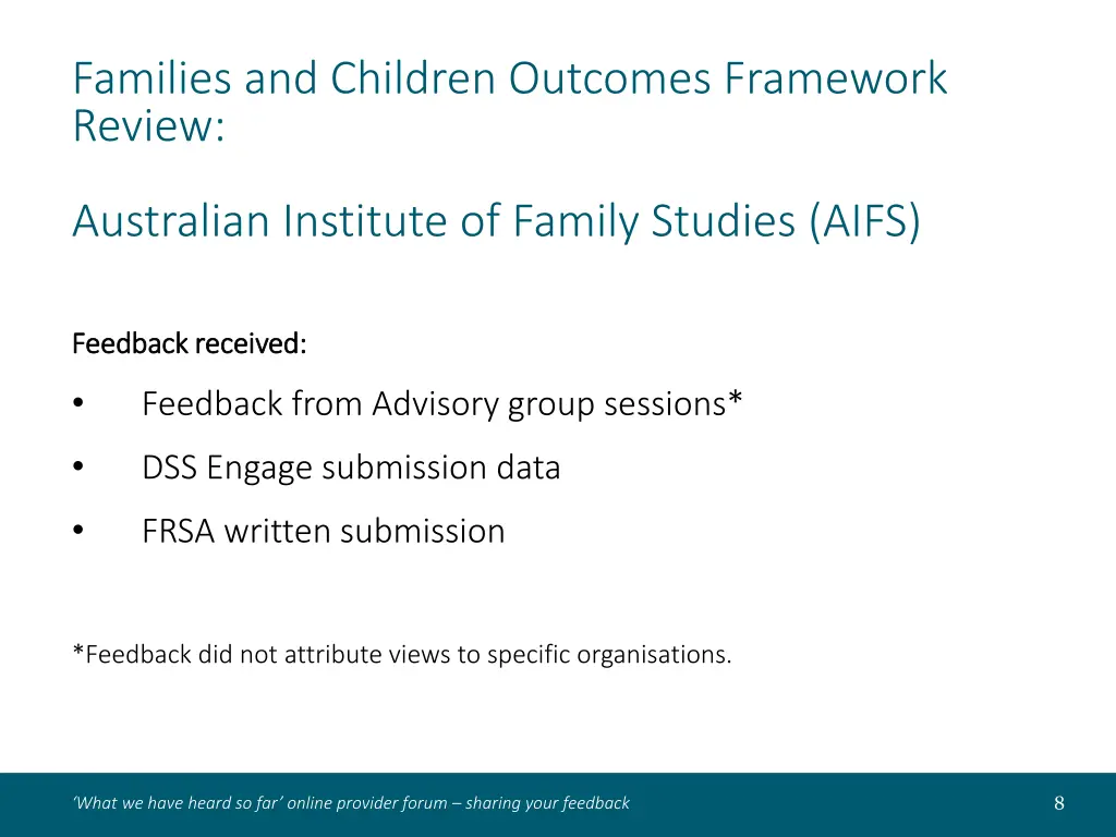 families and children outcomes framework review