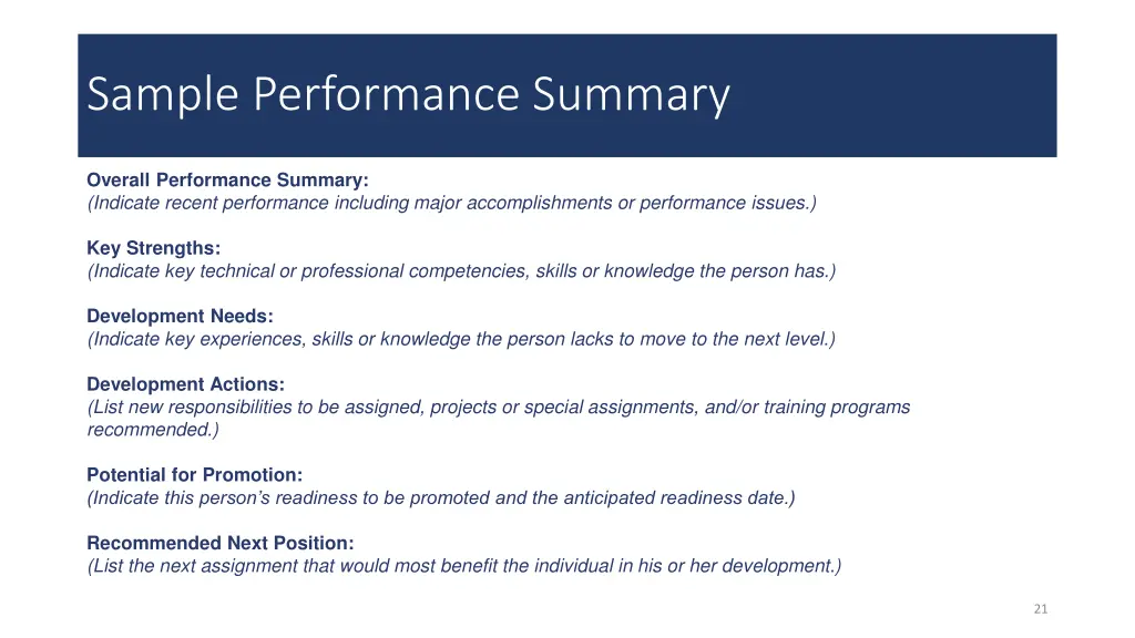 sample performance summary