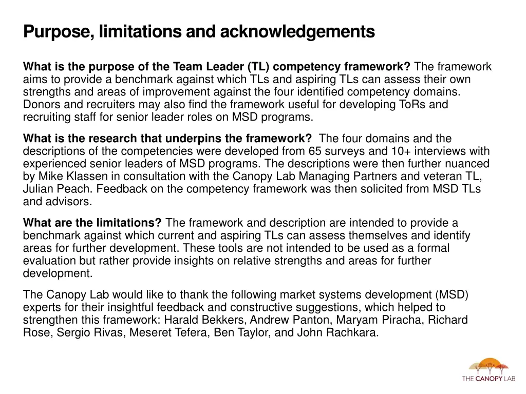 purpose limitations and acknowledgements