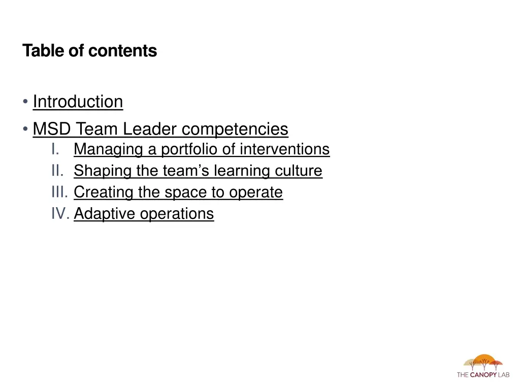 table of contents