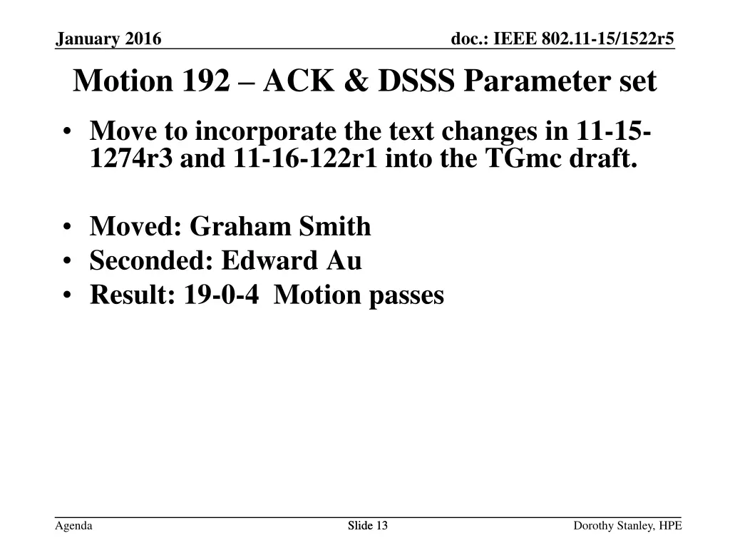 january 2016 motion 192 ack dsss parameter set
