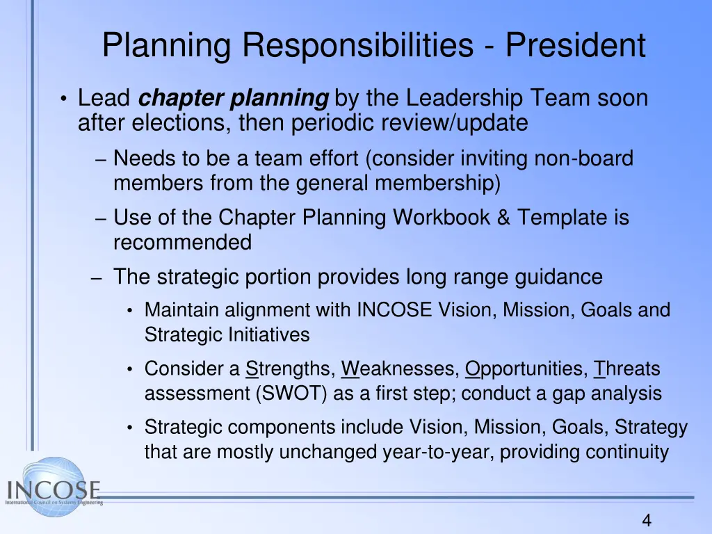 planning responsibilities president