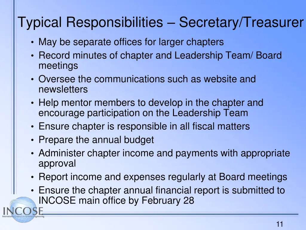 typical responsibilities secretary treasurer