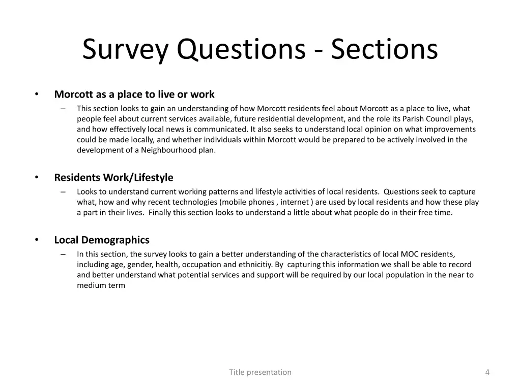 survey questions sections